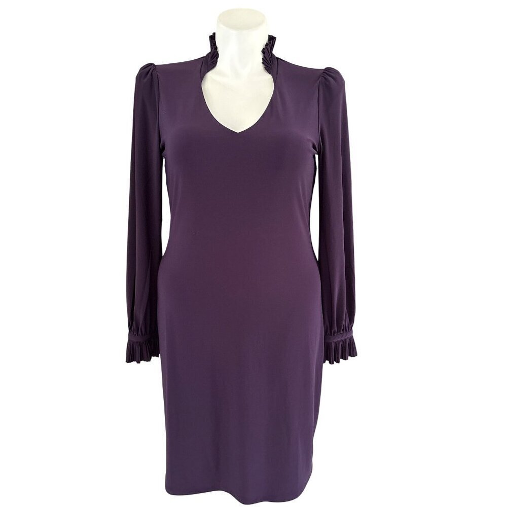 White House Black Market Purple Long Sleeve Ruffle Trim Shift Dress Size L